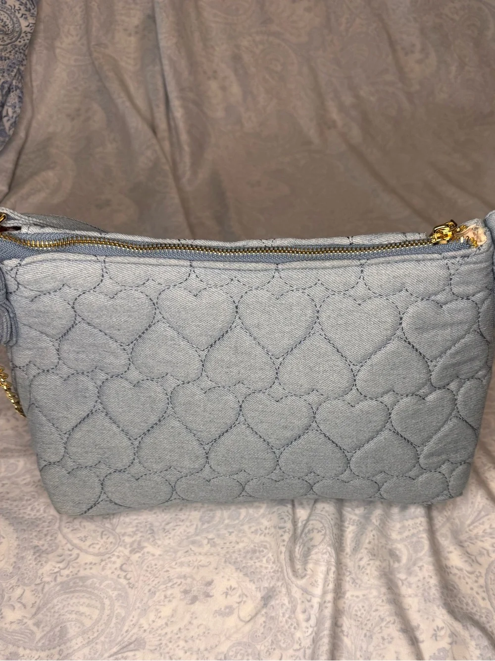 Betsey Johnson Light Blue Soft Denim Quilted Heart Crossbody & Red Bandana Clip